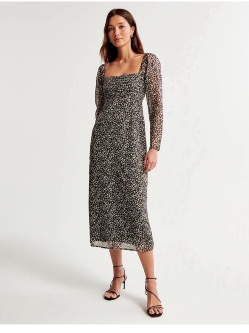 Abercrombie & Fitch Black and White Floral Square-Neck Midi Dress